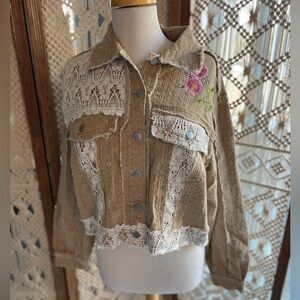 POL Embroidered Tan Jacket with Lace Accents